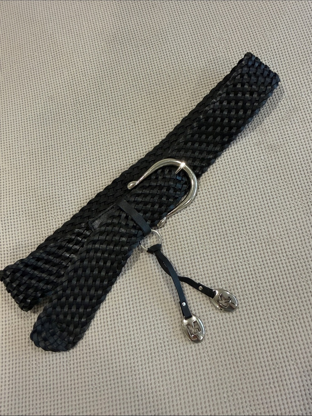 Michael Kors Black Braided Leather Belt with Silver Buckle